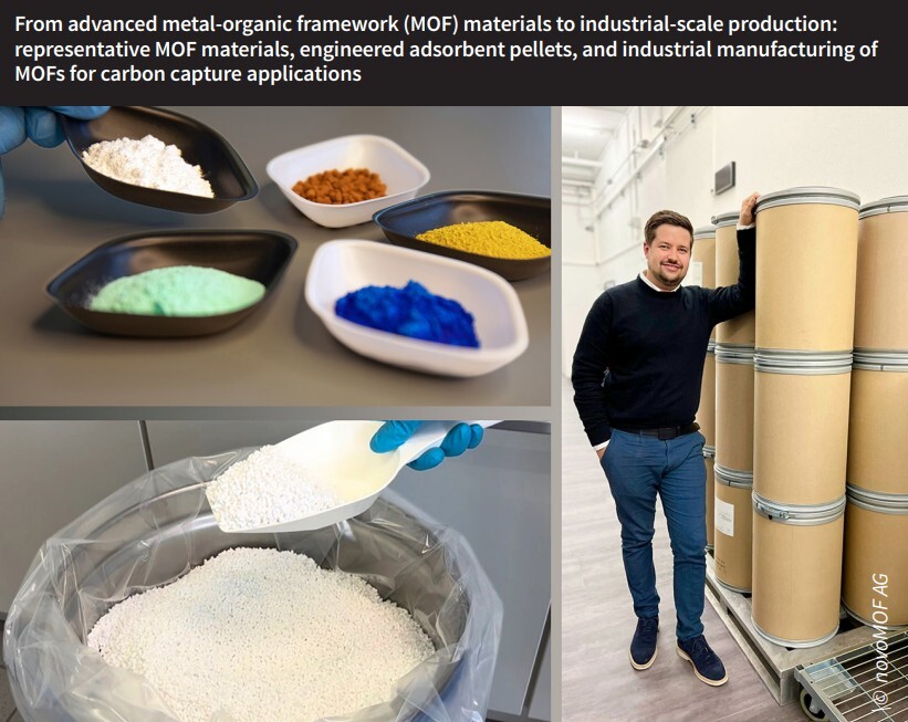 From advanced metal-organic framework (MOF) materials to industrial-scale production: representative MOF materials, engineered adsorbent pellets and industrial manufacturing of MOFs for carbon capture applications. © novoMOF AG